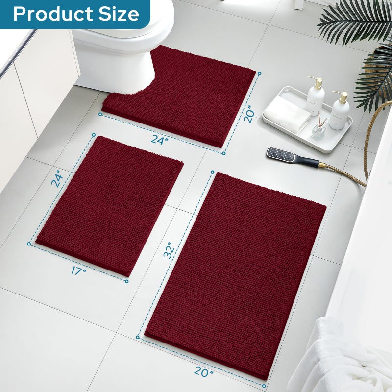 BYSURE Burgundy Red Bathroom Rugs Sets 3 Piece Non Slip Extra Absorbent Plush Chenille Soft Washable Bath Mats - Image 2